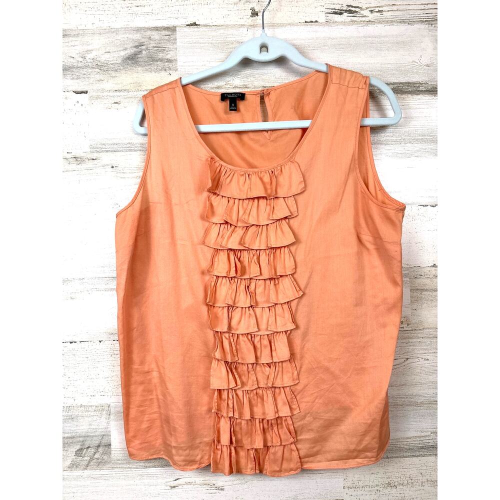 Talbots Womens 12 Orange Lightweight Sleeveless Ruffle Front Pullover Blouse Top
